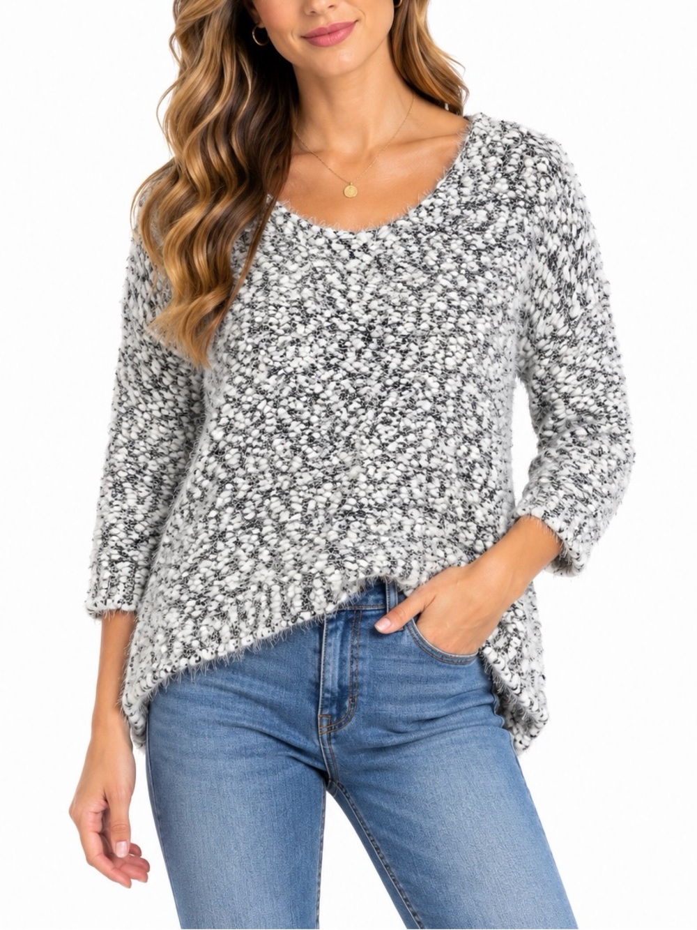 Papaya Chunky Knit Sweater S/M Black White Fuzzy Textured High Low Pullover